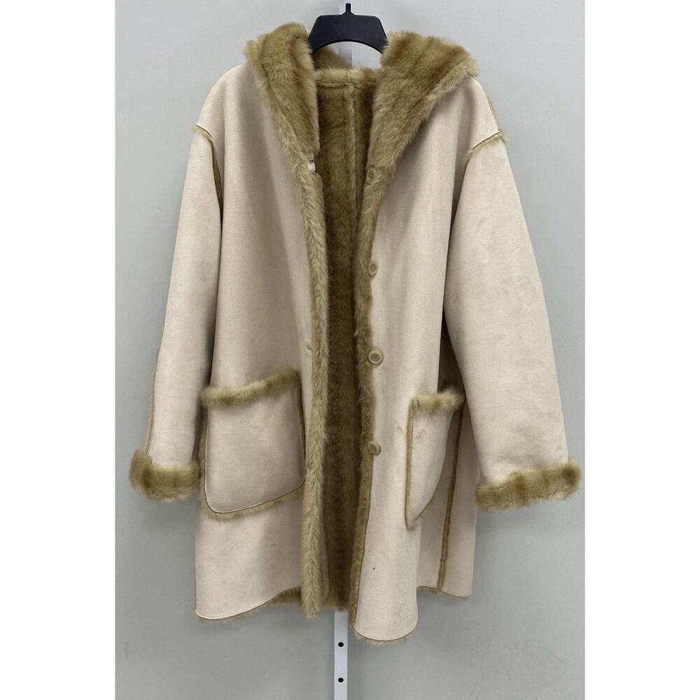 Jones NY Faux Suede Fur Coat Sz L Golden Tan Hooded Plush Reverse Jacket Mob Y2k - Picture 13 of 13